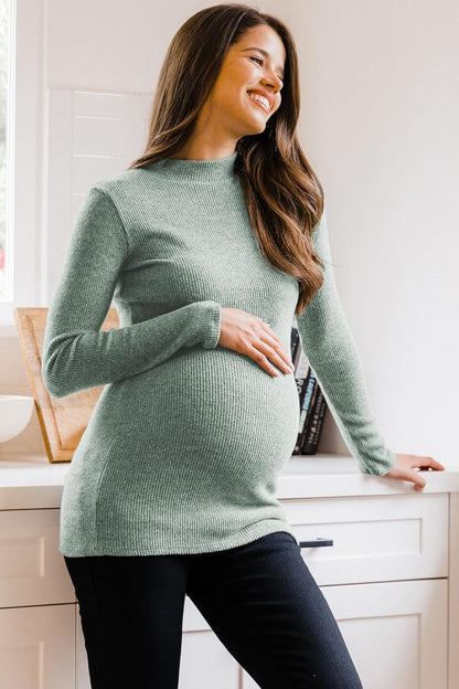 Women'S Knit Ribbed Maternity Top with Mock Neck Long Sleeve
