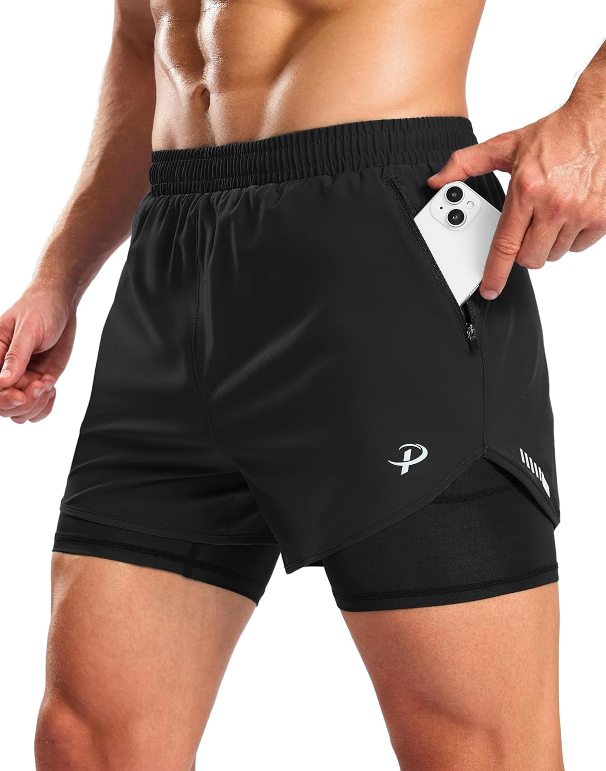Pudolla mens black 2-in-1 workout shorts front view