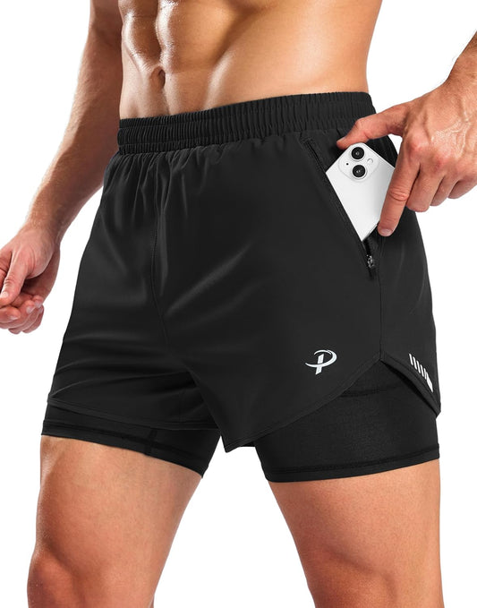 Pudolla mens black 2-in-1 workout shorts front view