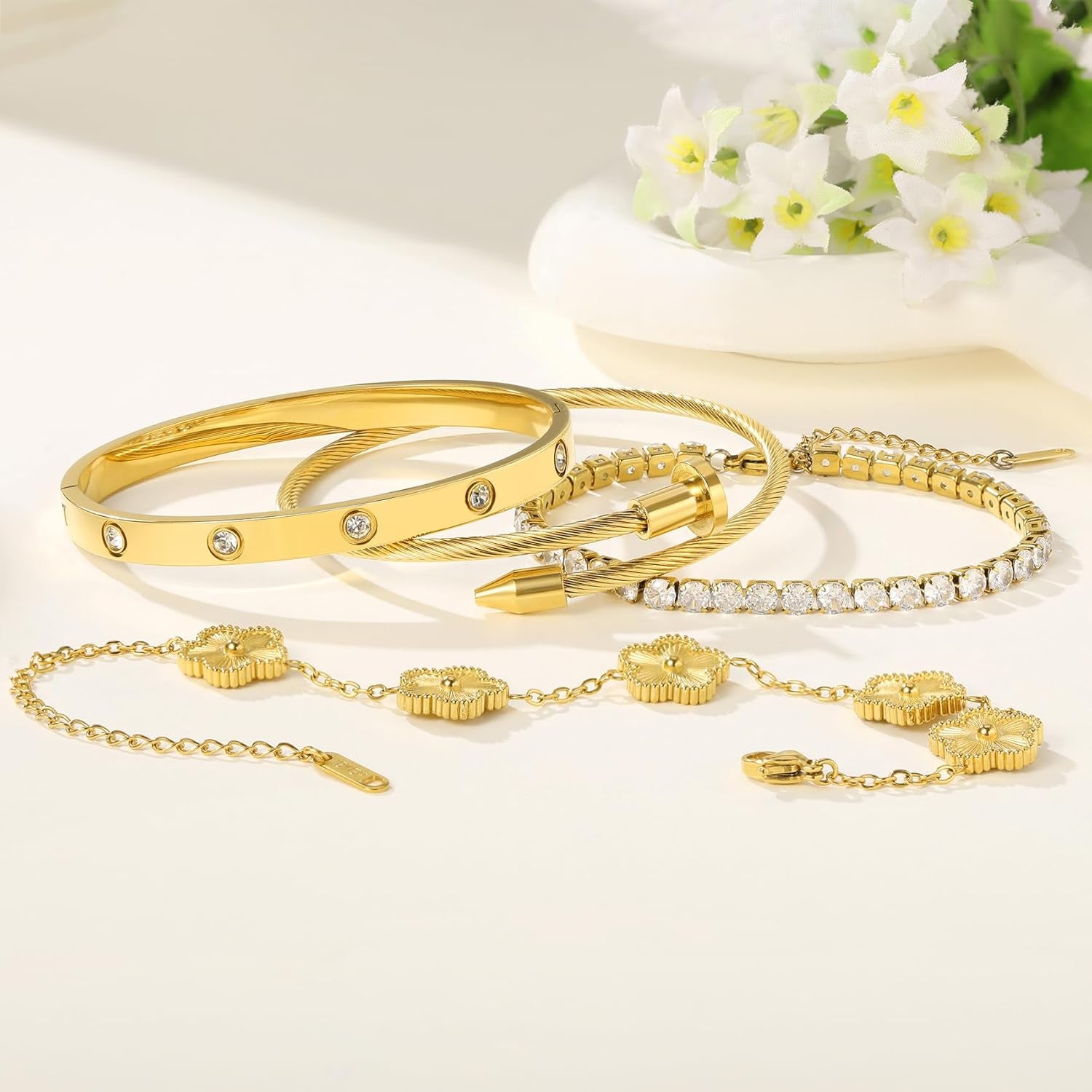 Real 18K Gold Plated Bracelets for Women (Sturdier Version) Stackable Bangle Bracelets for Women (Better Tarnish & Water Resistance) 4PCS Gold Bracelet Stack Set (Fits Wrists Upto 6.7 Inch)