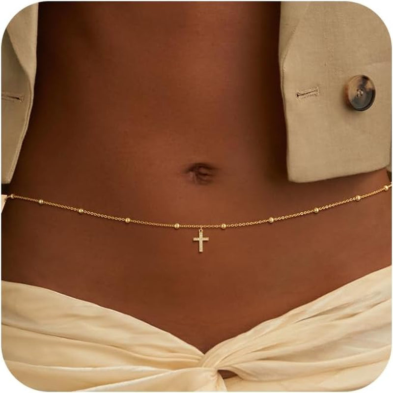 CHESKY Gold Waist Chain, Dainty Body Chain Jewelry for Women Non Tarnish Adjustable Waterproof Belly Chain Sexy Waist Beads for Womens Chain Belt Bow Heart Cross Gold Fall Jewelry for Women