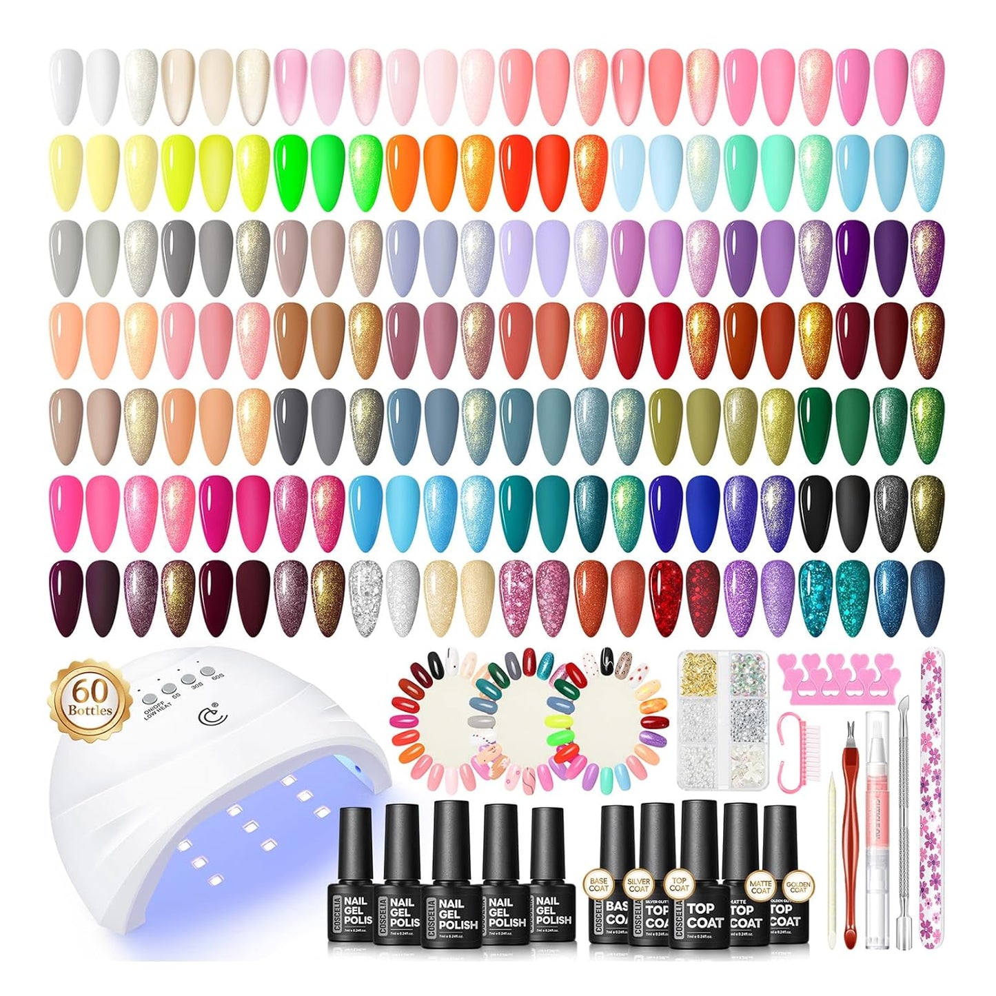 COSCELIA 60PC Gel Nail Polish Kit with U V Light 55 Colors Gel Nail Polish 5PC Top Base Coat Glitter Nail Rhinestones Fall Winter All Seasons Manicure Kit DIY Christmas Gifts for Women Girls Teens