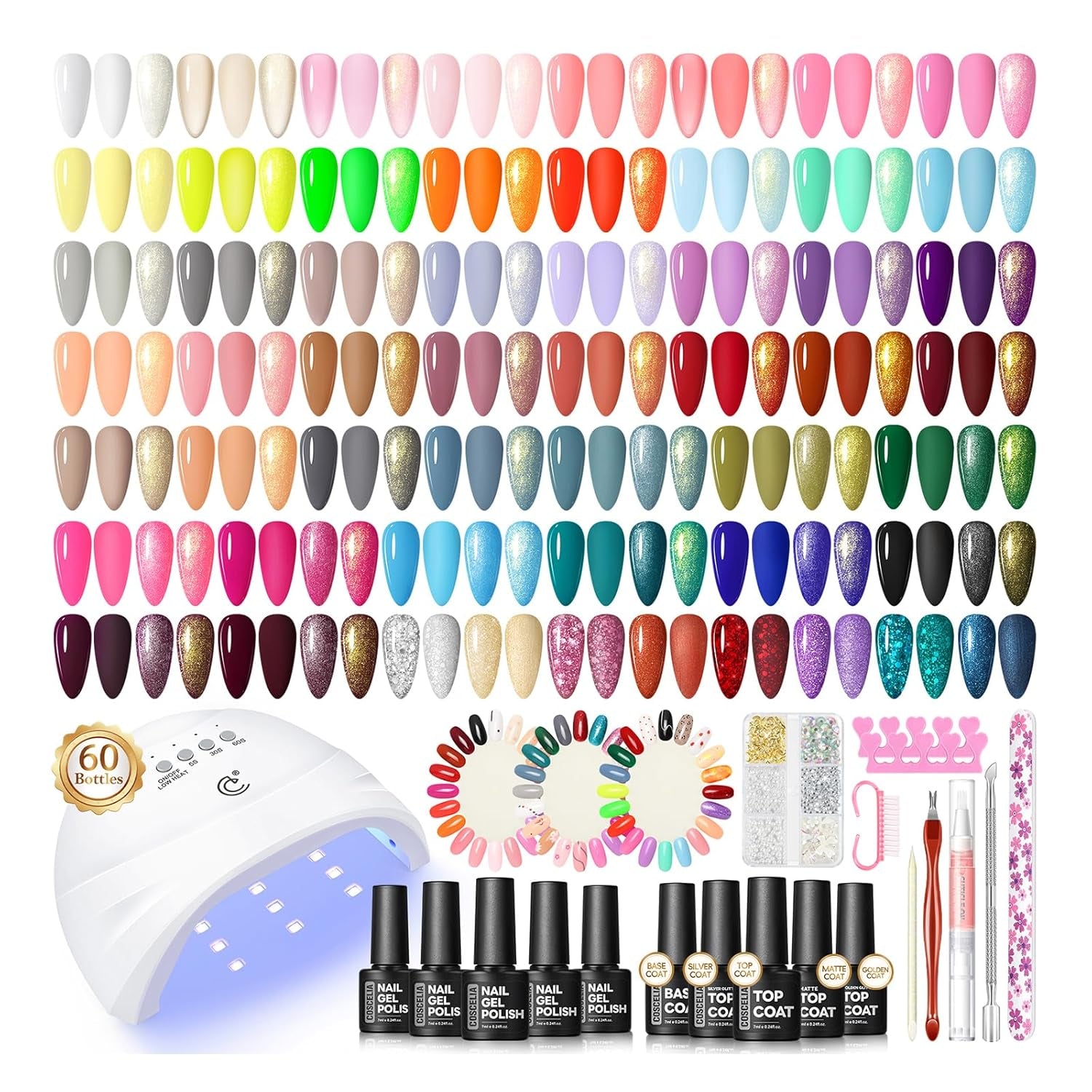 COSCELIA 60PC Gel Nail Polish Kit with U V Light 55 Colors Gel Nail Polish 5PC Top Base Coat Glitter Nail Rhinestones Fall Winter All Seasons Manicure Kit DIY Christmas Gifts for Women Girls Teens