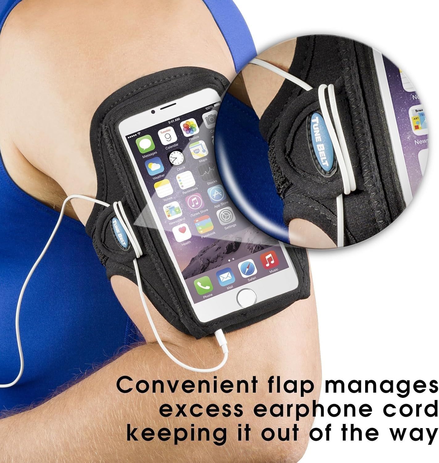 Female runner in athletic wear displaying comfortable Tune Belt phone armband