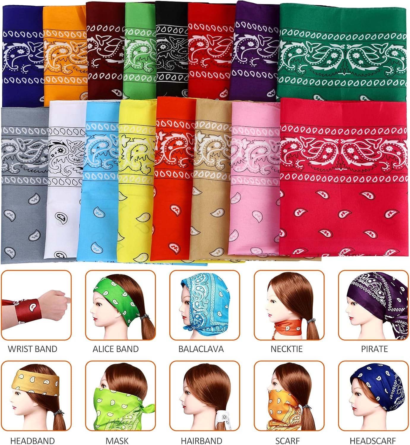 16Pcs Bandanas Multi-Purpose Party Outdoor Favor Scarf Headband Handkerchiefs for Women Men Boy Girls