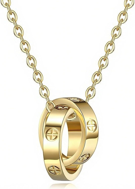 18K Gold-Plated Interlocking Circles Love Necklace for Women, Adjustable Stainless Steel Silver Pendant Necklace, Unique Gifts for Women on Birthday Christmas Valentines