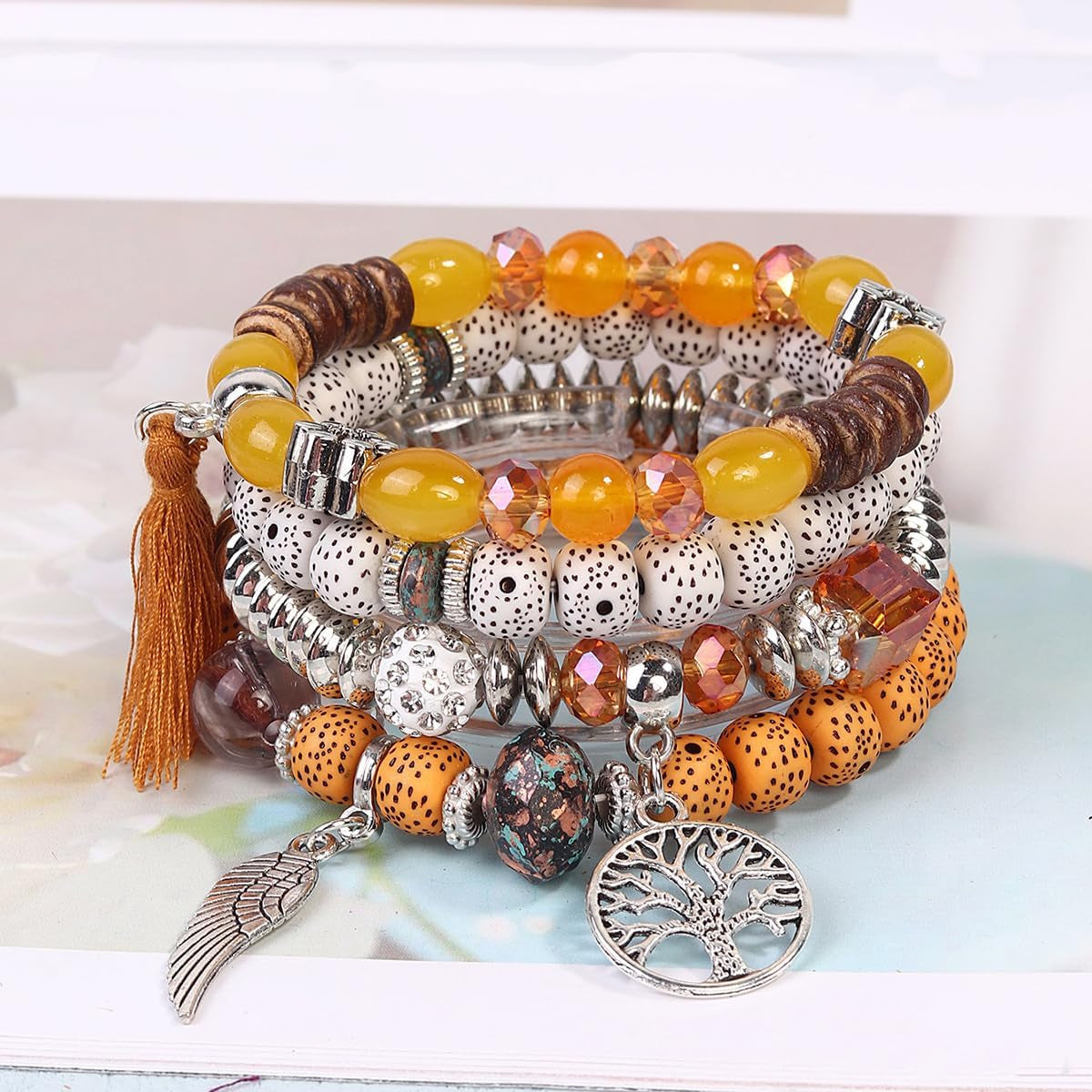 4 Sets Bohemian Stackable Bead Bracelets, Stretch Bangle Charm Jewelry 1