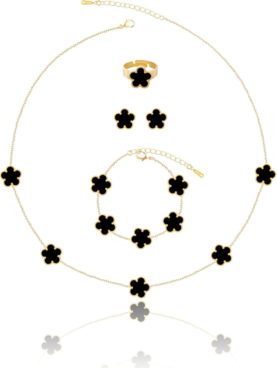 Gold Plated Five Leaf Clover Necklace Bracelet Rings and Stud Earrings Set for Women Lucky Flower Jewelry