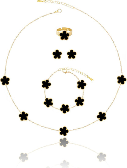 Gold Plated Five Leaf Clover Necklace Bracelet Rings and Stud Earrings Set for Women Lucky Flower Jewelry