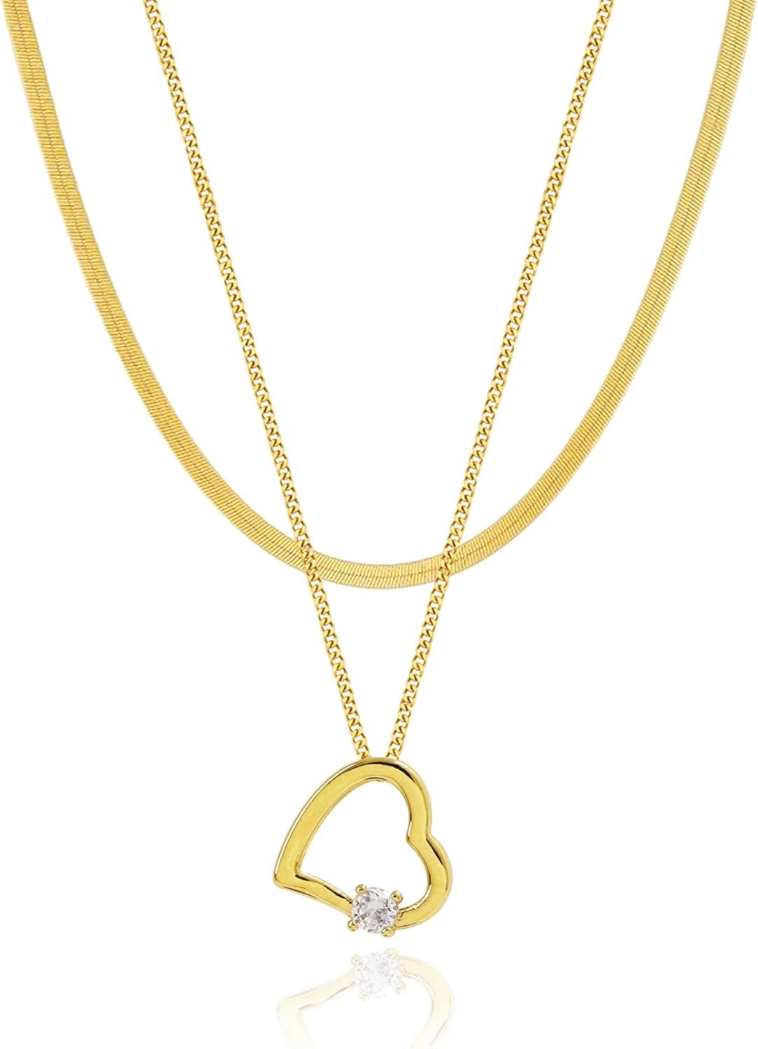 Layered Necklace for Women, 2 Strand Stainless Steel Chains with Clover, Butterfly or Heart Pendant, Dainty Fashion Jewelry Gift