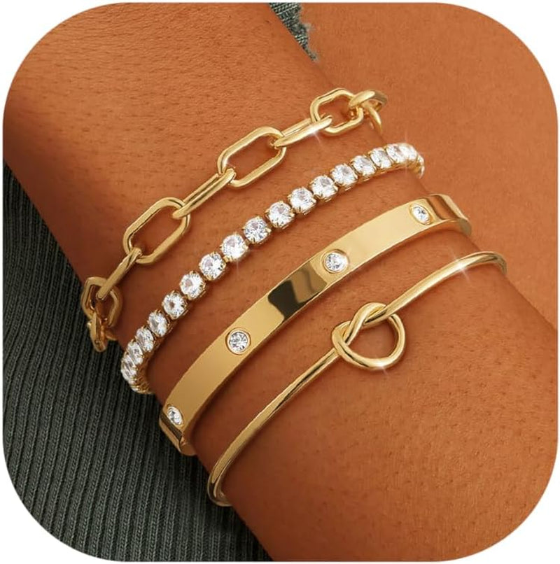 KOHOTA Chunky Gold Bracelets for Women Non Tarnish 14K Gold Plated Cuff Bracelet Stack Trendy Love Bangle Bracelets Stackable Tennis Bracelet Set Tie Knot Cuban Paperclip Figaro Chain Jewelry Gifts