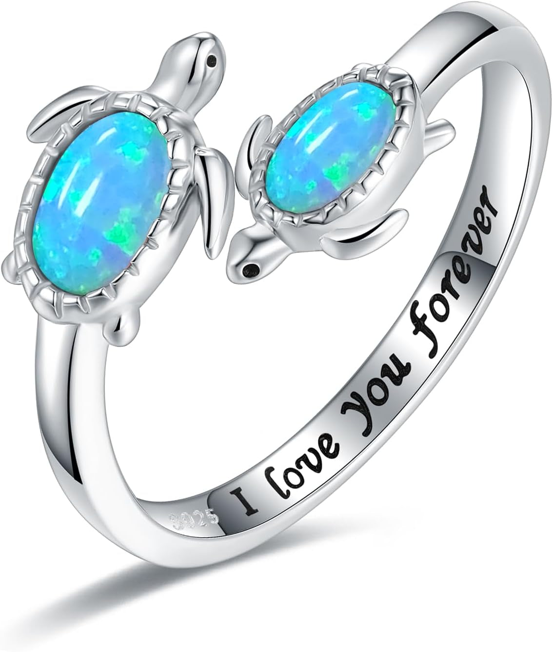 925-Sterling-Silver Opal/Turquoise Sea Turtle/Dolphin/Sea Life Ring - Inspirational I Love You Forever Adjustable Open Nature Ocean Mother Daughter Ring Cute Animal Jewelry Gifts for Women