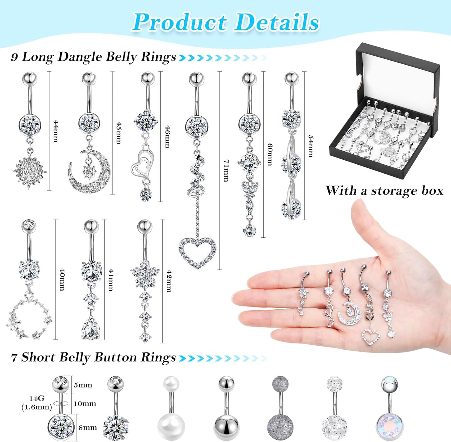 Lucomb 16 PCS 14G Dangle Belly Button Rings for Women, Stainless Steel Dangling Piercing Jewelry Belly Rings, Navel Rings Pack Cute Piercing Barbell Body Jewelry Gifts for Women