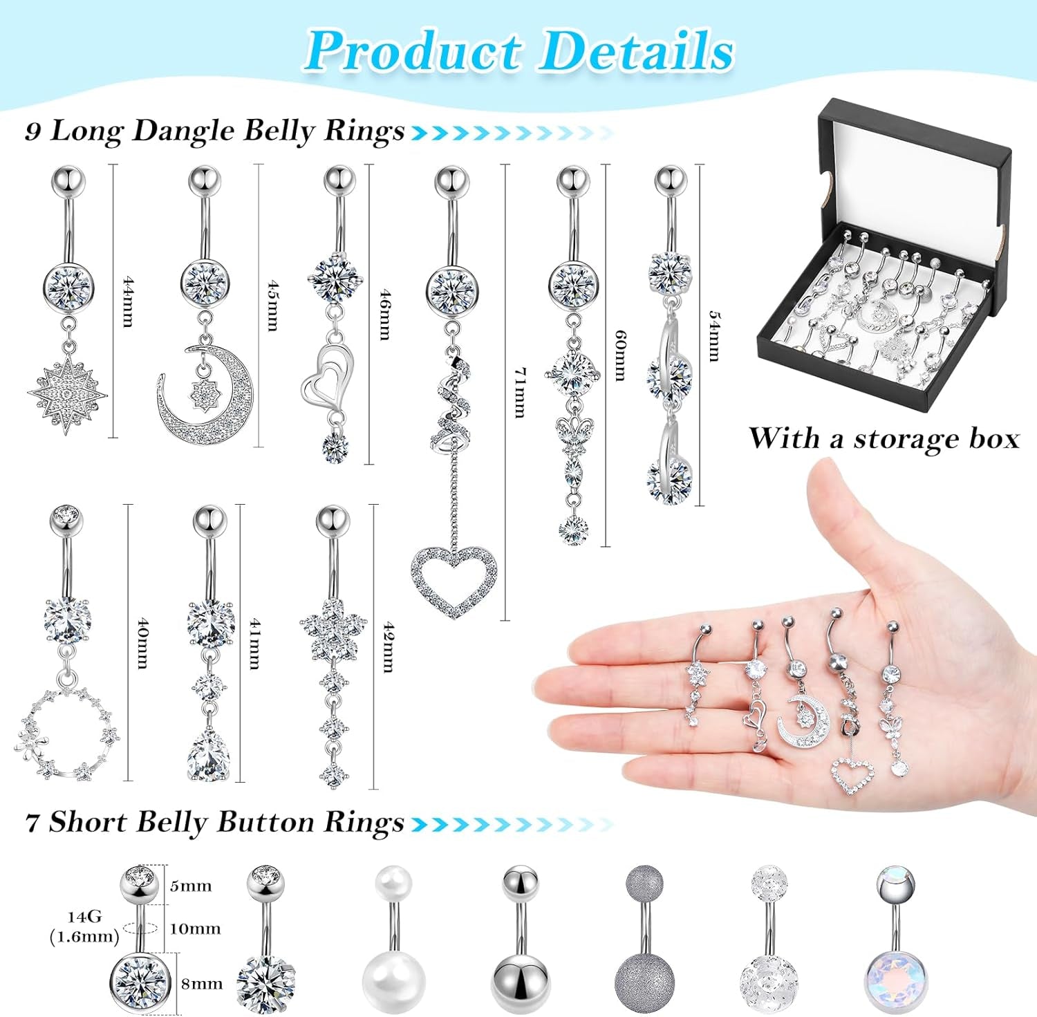 Lucomb 16 PCS 14G Dangle Belly Button Rings for Women, Stainless Steel Dangling Piercing Jewelry Belly Rings, Navel Rings Pack Cute Piercing Barbell Body Jewelry Gifts for Women