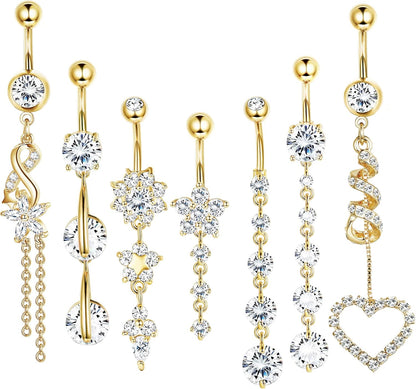 LOLIAS 7 Pcs 14G Dangle Belly Button Rings for Women 316L Surgical Steel Curved Navel Barbell Body Jewelry Piercing