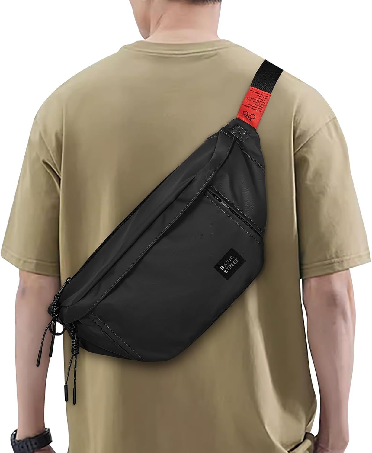 Fashion crossbody waist bag styled on woman wearing casual outfit