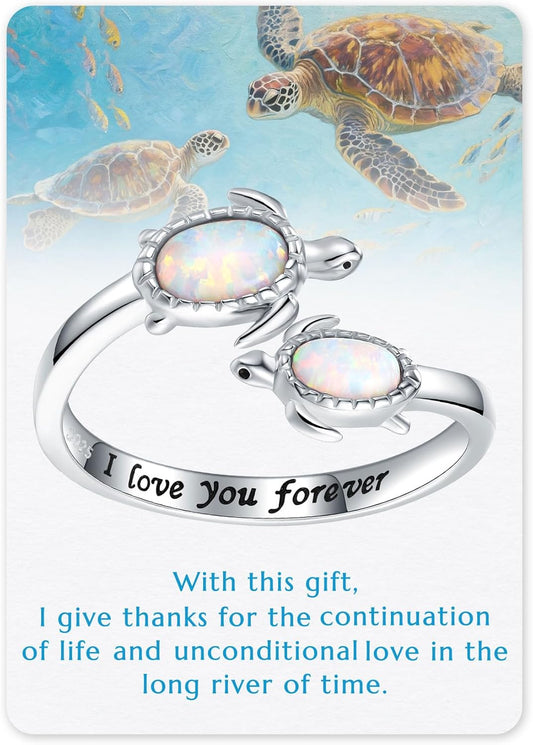 925-Sterling-Silver Opal/Turquoise Sea Turtle/Dolphin/Sea Life Ring - Inspirational I Love You Forever Adjustable Open Nature Ocean Mother Daughter Ring Cute Animal Jewelry Gifts for Women