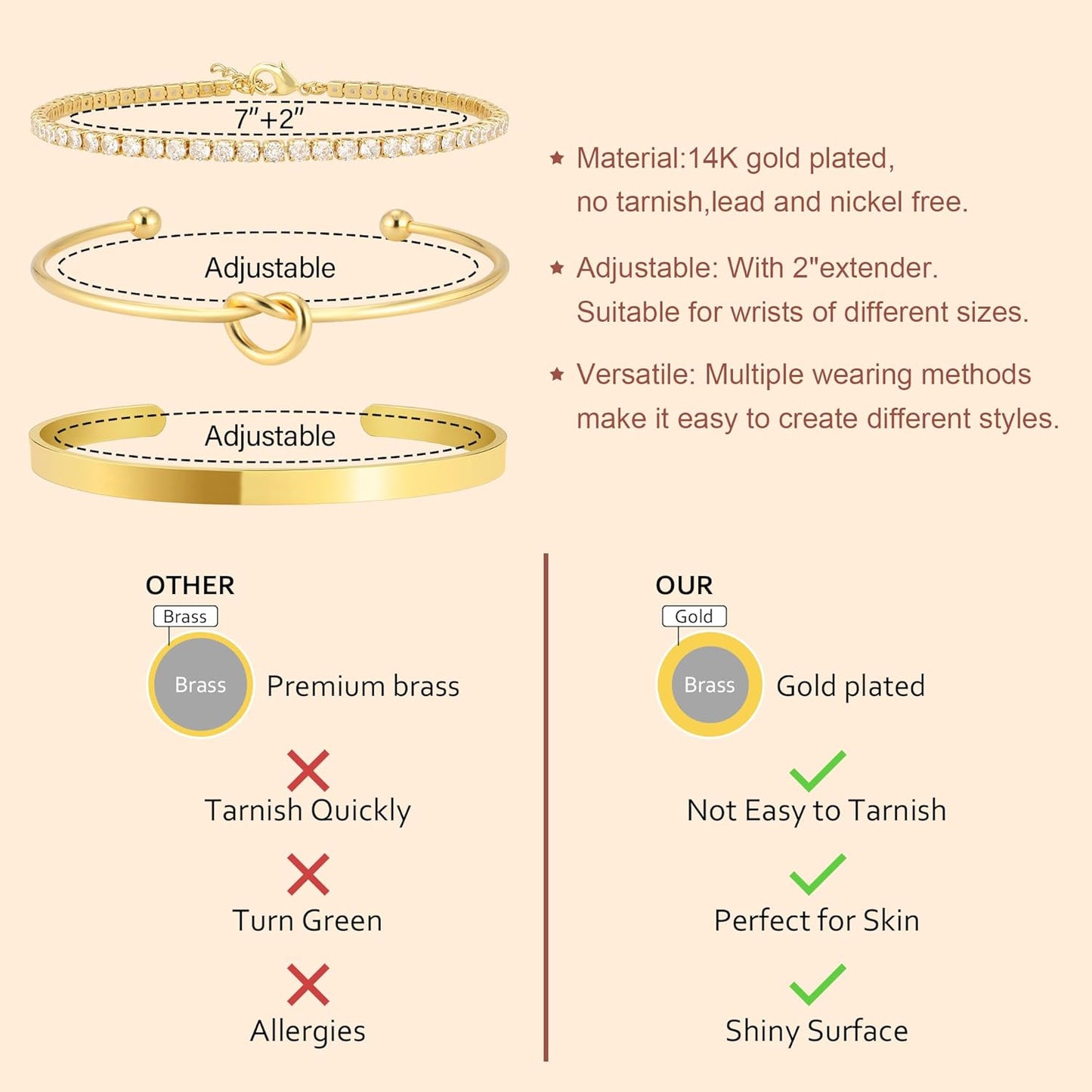 Christmas Stocking Stuffers Gold Bangle Cuff Knot Bracelet for Women Stack Non Tarnish Gold Plated Dainty Cubic Zirconia Tennis Bracelets Jewelry Set for Women Trendy