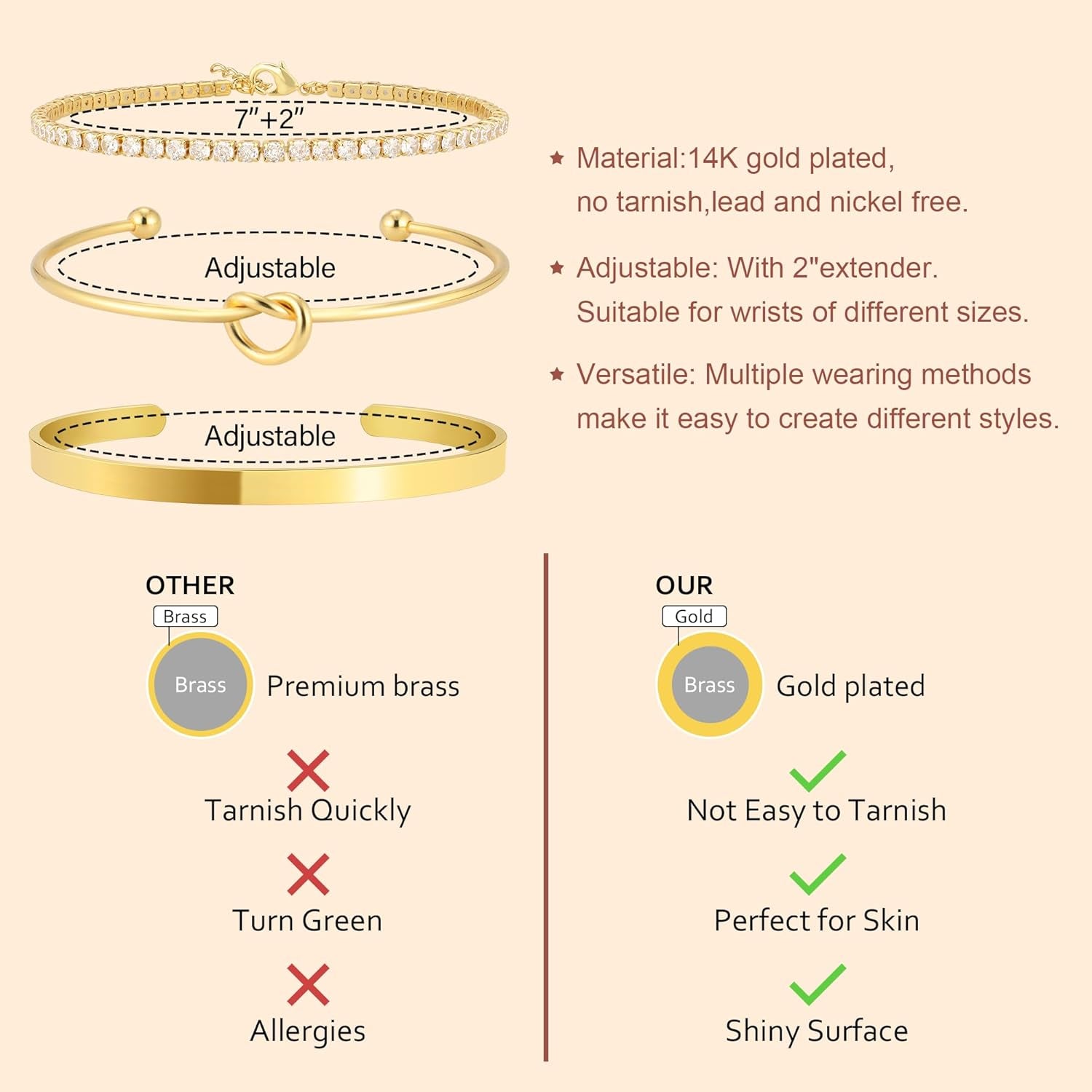 Christmas Stocking Stuffers Gold Bangle Cuff Knot Bracelet for Women Stack Non Tarnish Gold Plated Dainty Cubic Zirconia Tennis Bracelets Jewelry Set for Women Trendy