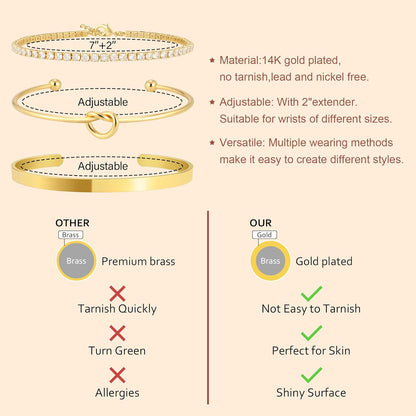 Christmas Stocking Stuffers Gold Bangle Cuff Knot Bracelet for Women Stack Non Tarnish Gold Plated Dainty Cubic Zirconia Tennis Bracelets Jewelry Set for Women Trendy