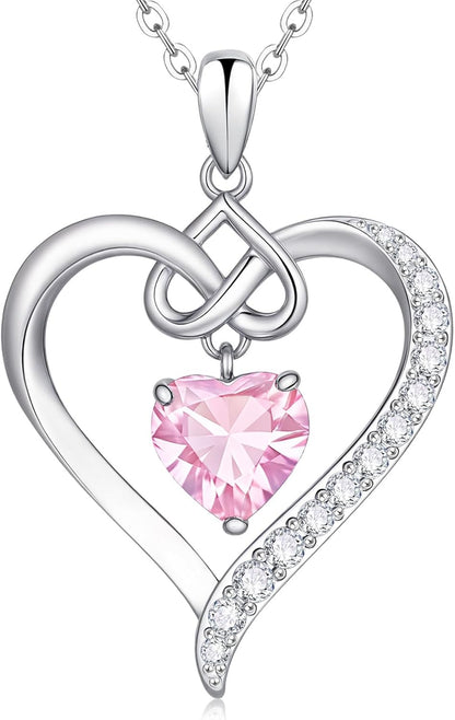 Heart Birthstone Pendant Necklaces for Women - Dainty 925 Sterling Silver Necklace 12 Month Birthstone Jewelry Birthday Anniversary Christmas Jewelry Gifts for Girlfriend Mom Daughter Lady Her