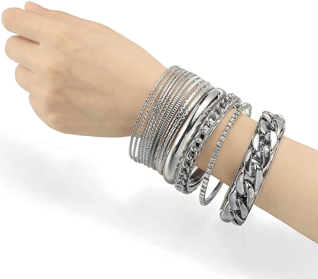Clear rhinestone metal bangle bracelets stackable collection