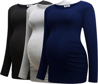 Bearsland Womens Maternity Long Sleeve Tshirt 3 Packs Classic Side Ruched Tee Top Mama Pregnancy Clothes