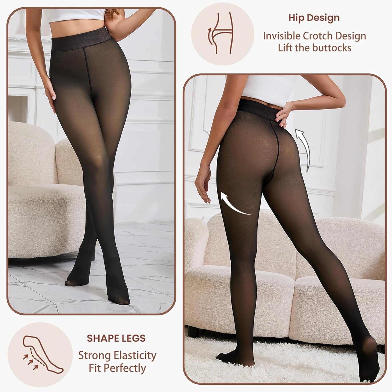 Fake translucent high waist tights with velvet fleece lining
