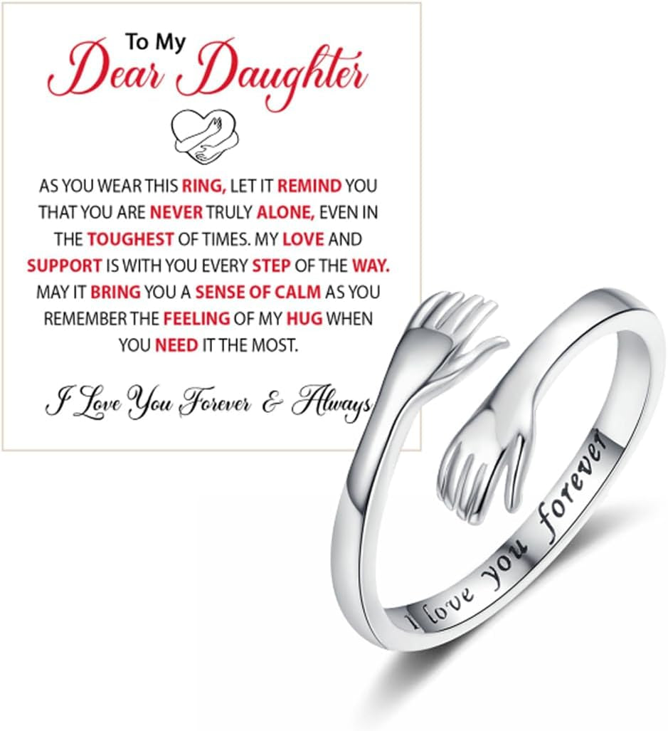 To My Daughter Hug Hope Rings, I Love You Foreve Motivational Stainless Steel Spiral Wrap Twist Open Adjustable Healing Ring Inspirational Gift Jewelry
