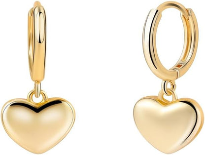 Gold Cherry Bow Heart Drop Dangle Earrings, Huggie Hoop Style, Hypoallergenic Non Tarnish Delicate Ribbon Butterfly Design Dainty Shiny Sensitive Ear for Women Gifts