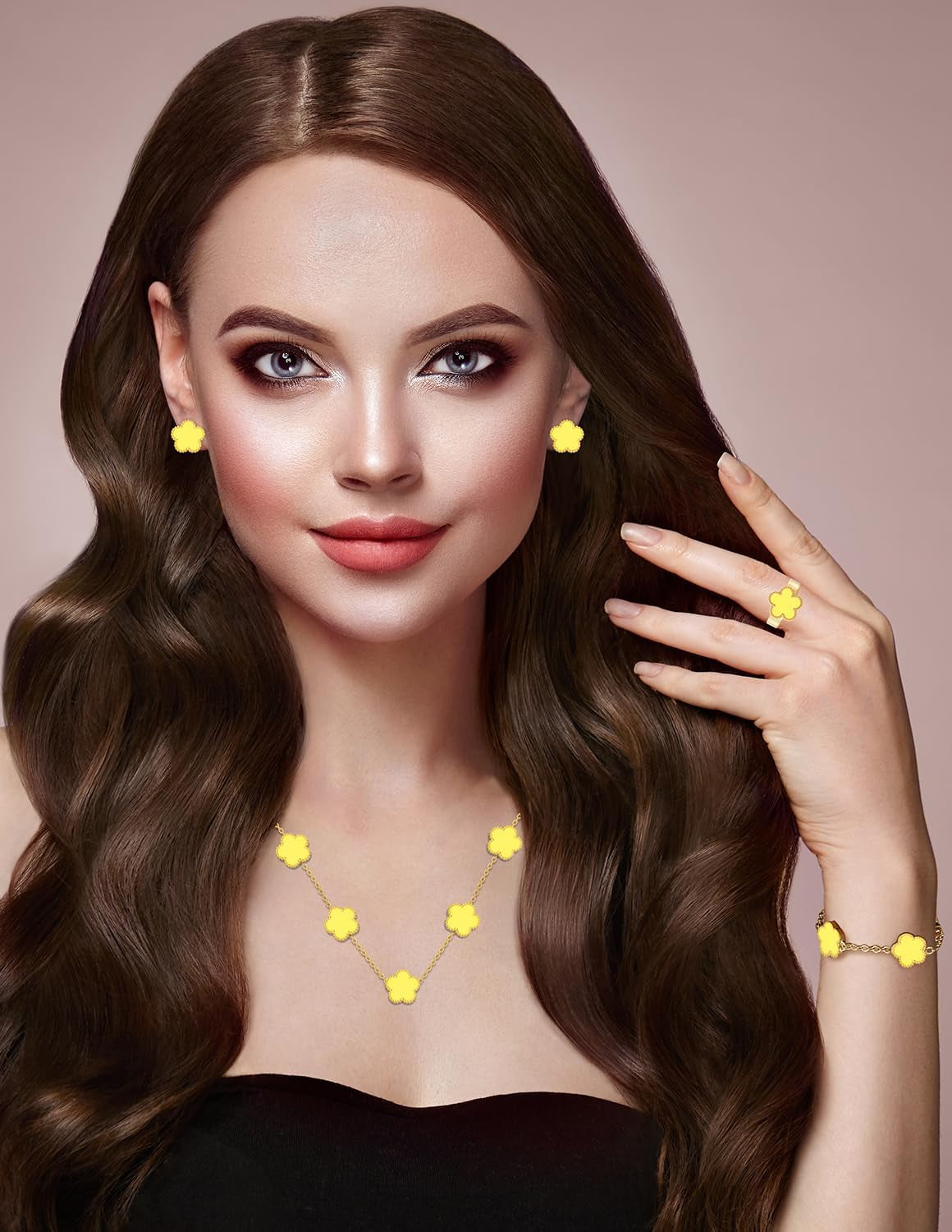 Gold Plated Stainless Steel Four Leaf Clover Bracelet Necklace Earrings and Ring Jewelry Set for Women