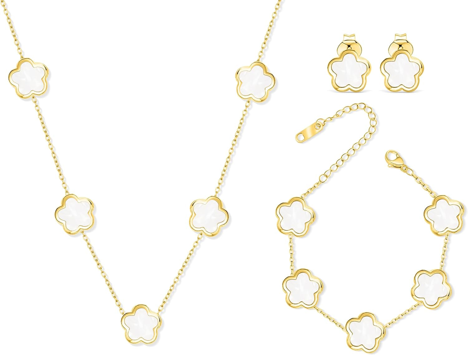 Five Leaf Clover Jewelry Set for Women |18K Gold Plated Bracelet Necklace Earrings | 5 Leaf Lucky Choker and Ear Studs for Mother and Daughter