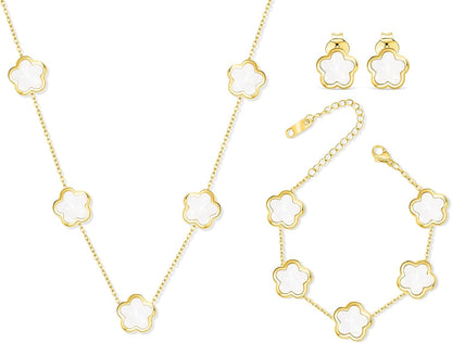 Five Leaf Clover Jewelry Set for Women |18K Gold Plated Bracelet Necklace Earrings | 5 Leaf Lucky Choker and Ear Studs for Mother and Daughter