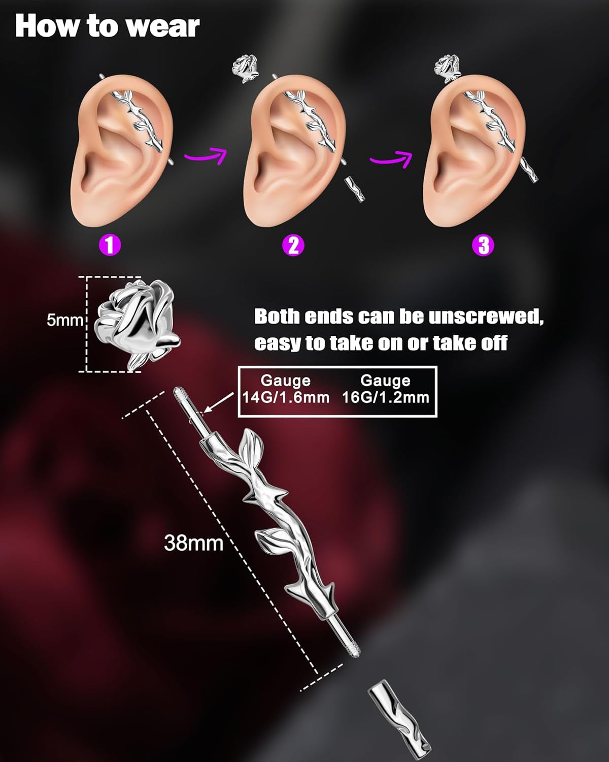 Jewseen Rose Industrial Ring Flower Industrial Barbell Surgical Steel Industrial Piercing Jewelry 14G 16G Cartilage Earring Long Straight Bar for Women Men