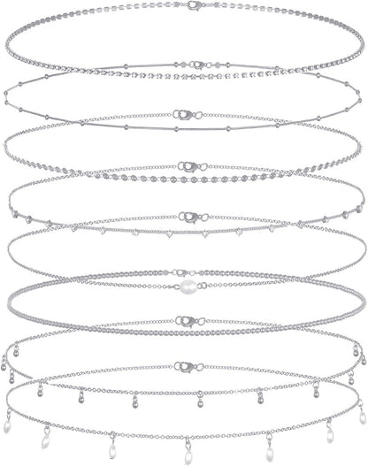 Tornito 8Pcs Waist Belly Chain CZ Heart Pearl Snake Bead Sequin Paperclip Belly Chain Summer Beach Sexy Body Chains Jewelry Accessories for Women Adjustable