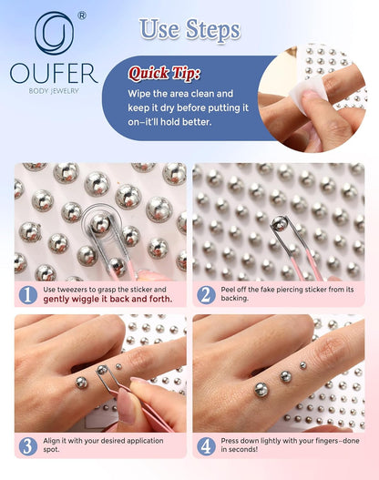 OUFER Stick on Acrylic Fake Piercings, Fake Lip Studs Eyebrow Piercing, Fake Face Piercing Nose Stud Non-Piercing Kit Piercing Balls Adhesive Face Jewelry