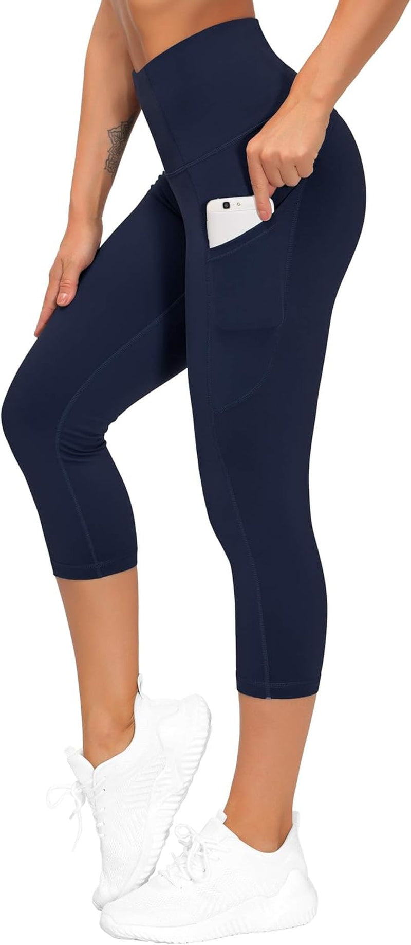 THE GYM PEOPLE Thick High Waist Capris Yoga Pants with Pockets, Tummy Control Workout Running Yoga Leggings for Women