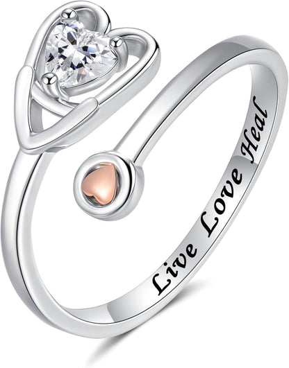 925 Sterling Silver Just Breathe Ring for Women Adjustable Heart Ring Personality Inspirational Jewelry Gifts