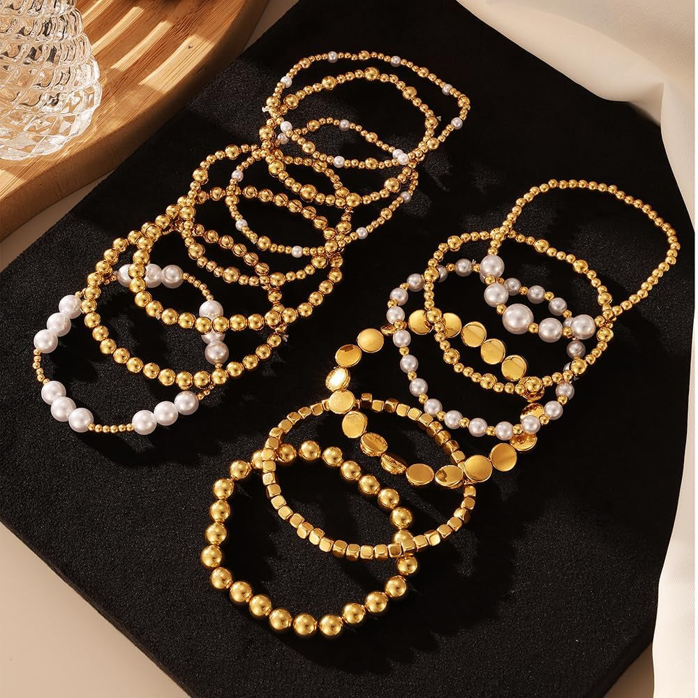 KISS WIFE Gold Bracelets for Women Gold Bracelet Stack Pearl Beaded Bracelets for Women Strand Bead Ball Stretchable Elastic Bracelet Set Adjustable Fashion Accessories Jewelry for Gifts
