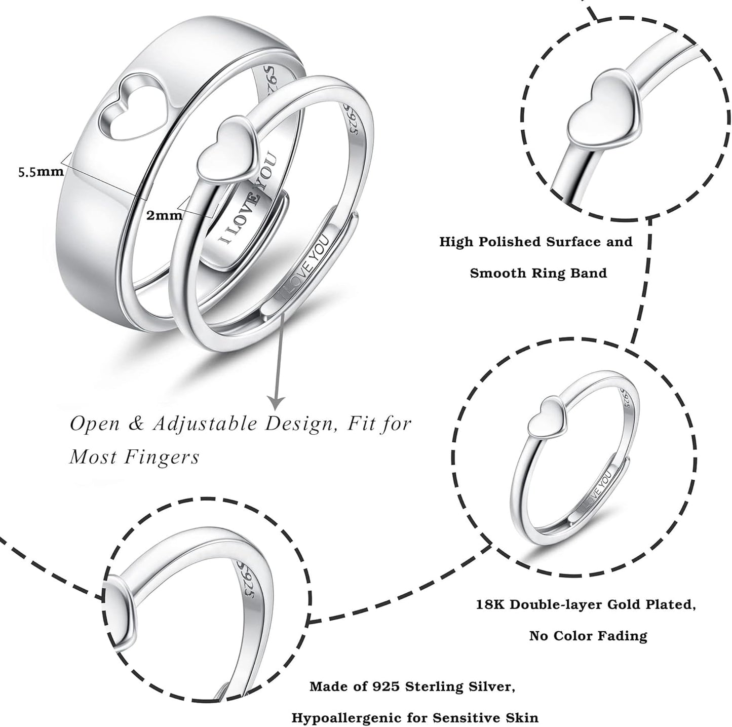Adjustable couple's promise ring set with heart design