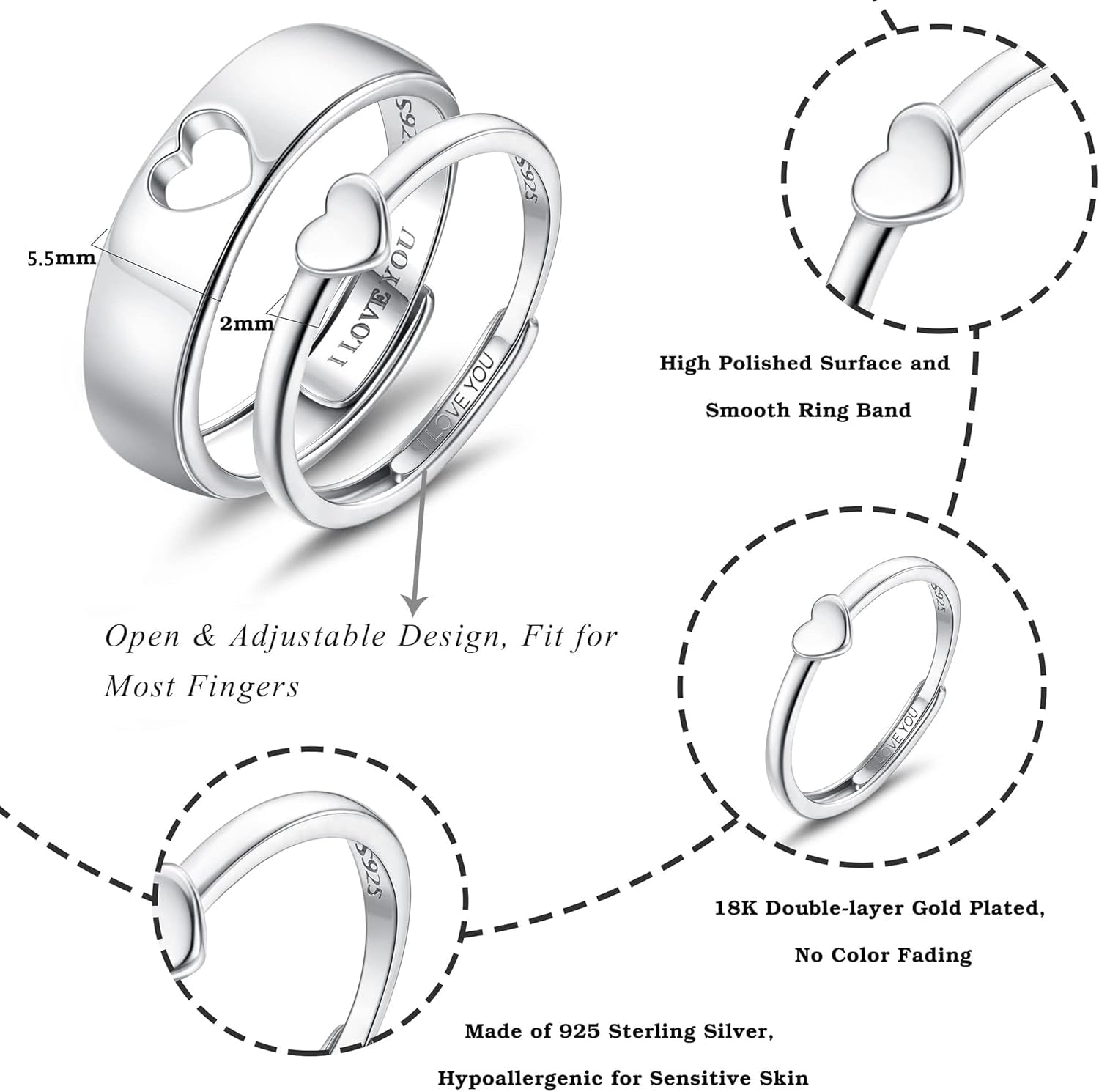 Adjustable couple's promise ring set with heart design