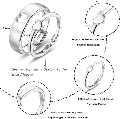 Adjustable couple's promise ring set with heart design