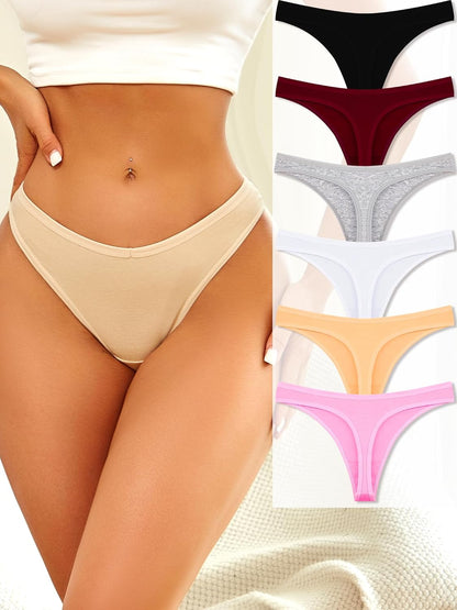 Six pack assorted cotton thongs for women in multiple colors laid flat