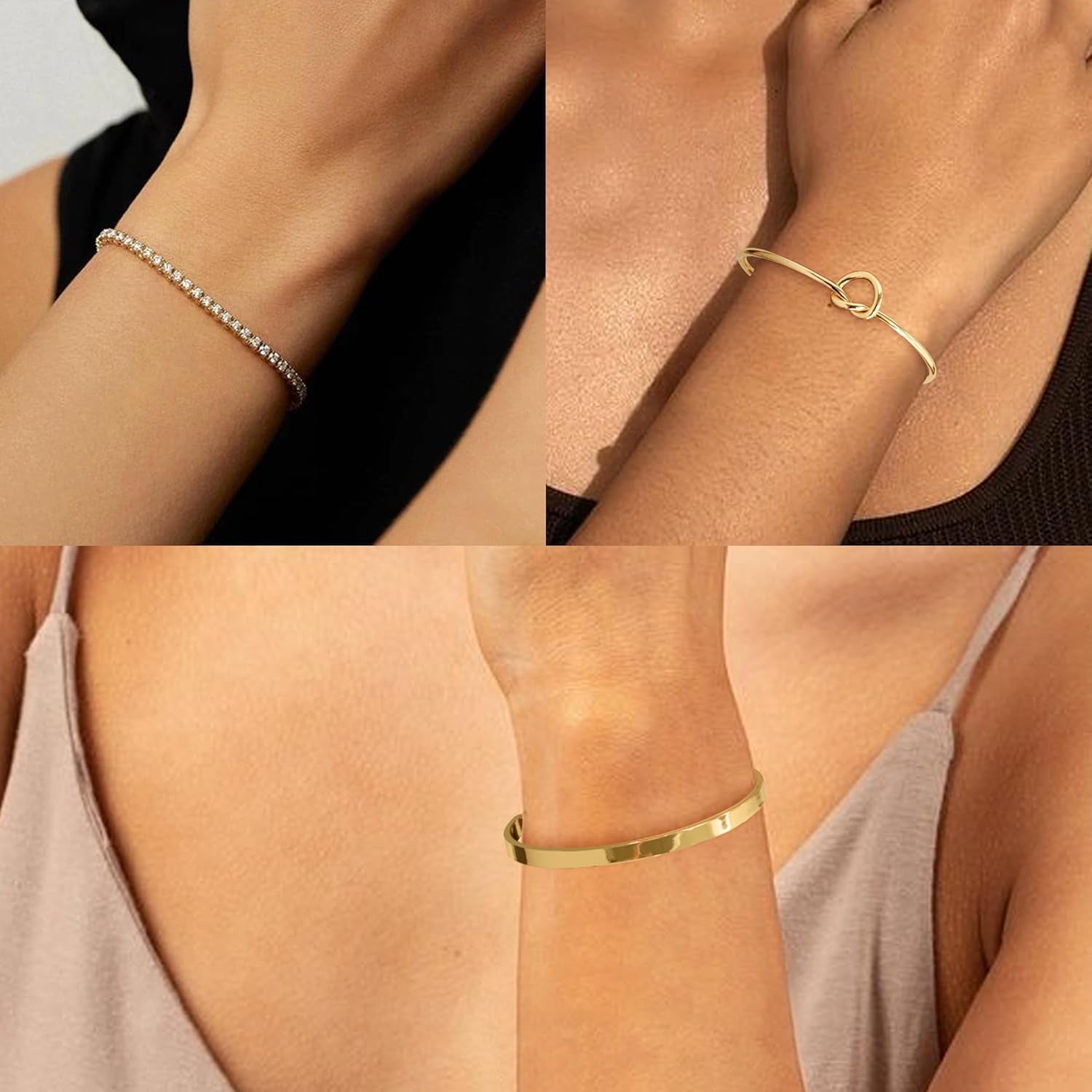 Multiple gold stack bracelets worn on woman's wrist
