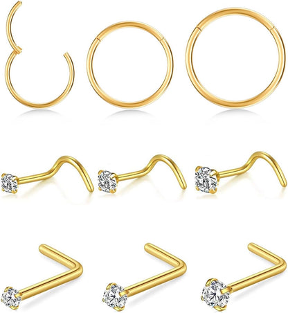 Opal Nose Ring Studs Horseshoe Nose Rings Hoops Stud 316L Stainless Steel Nose Rings round CZ Square Screw L Shaped Nose Stud Hypoallergenic Nostril Piercing Jewelry for Women Men