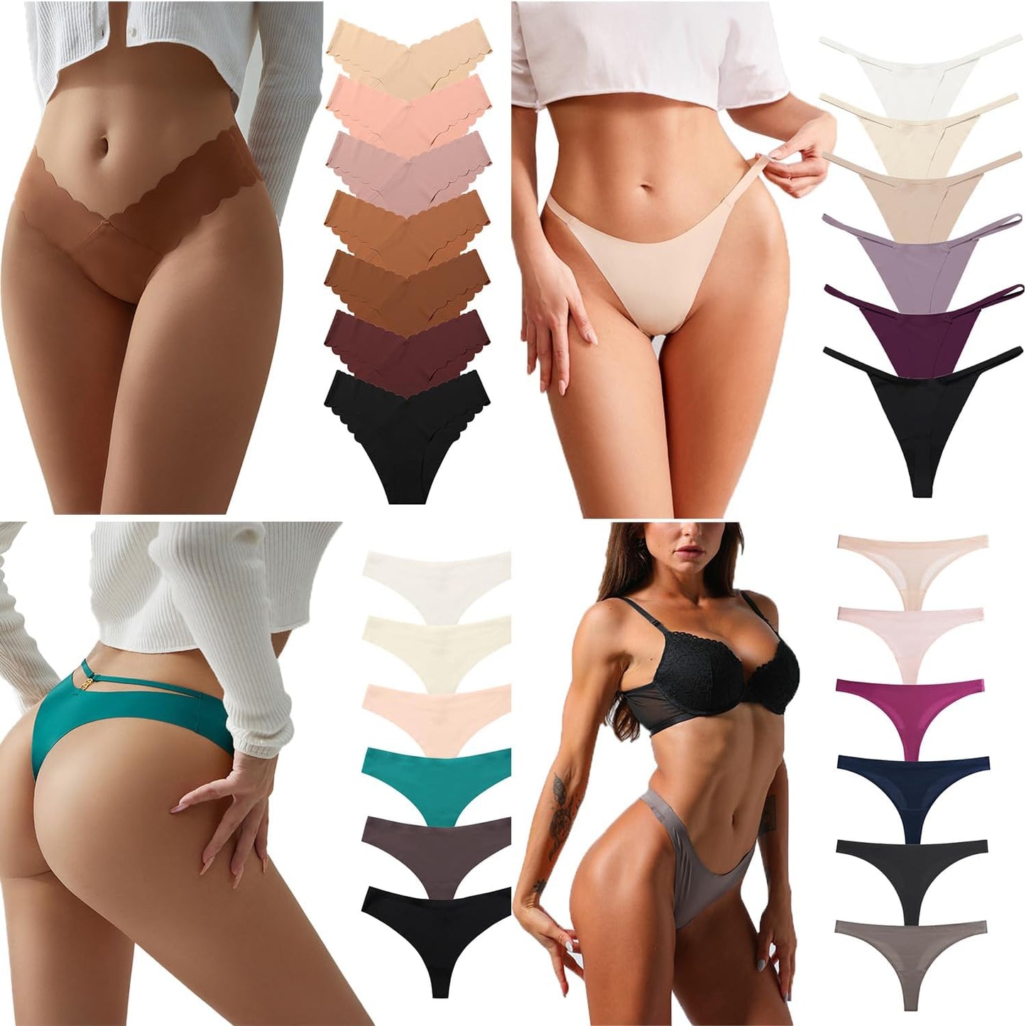 T-back thong, G-string, and bikini panties assortment display