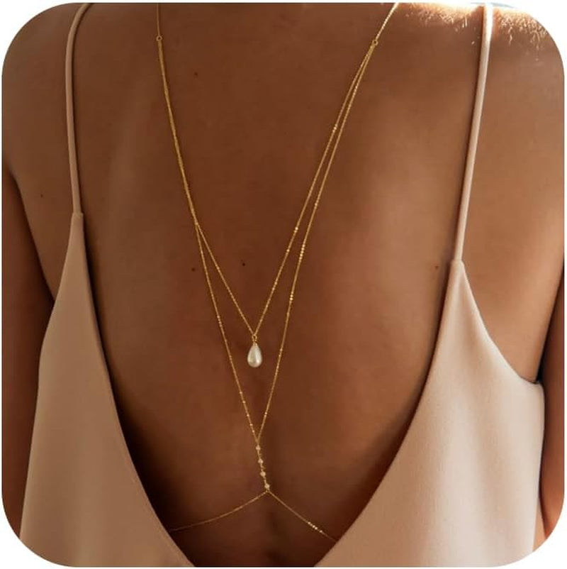 MODRSA Gold Body Chain Jewelry for Women Back Necklace for Backless Dress Backdrop Pearl Rhinestone Belly Chain Waist Chains Bra Chains Lingerie Summer Bikini Bodychain Trendy Sexy Stomach Jewelry