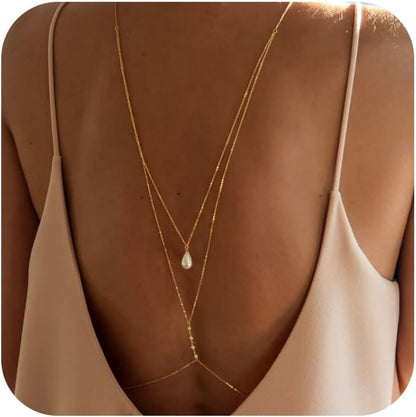 MODRSA Gold Body Chain Jewelry for Women Back Necklace for Backless Dress Backdrop Pearl Rhinestone Belly Chain Waist Chains Bra Chains Lingerie Summer Bikini Bodychain Trendy Sexy Stomach Jewelry