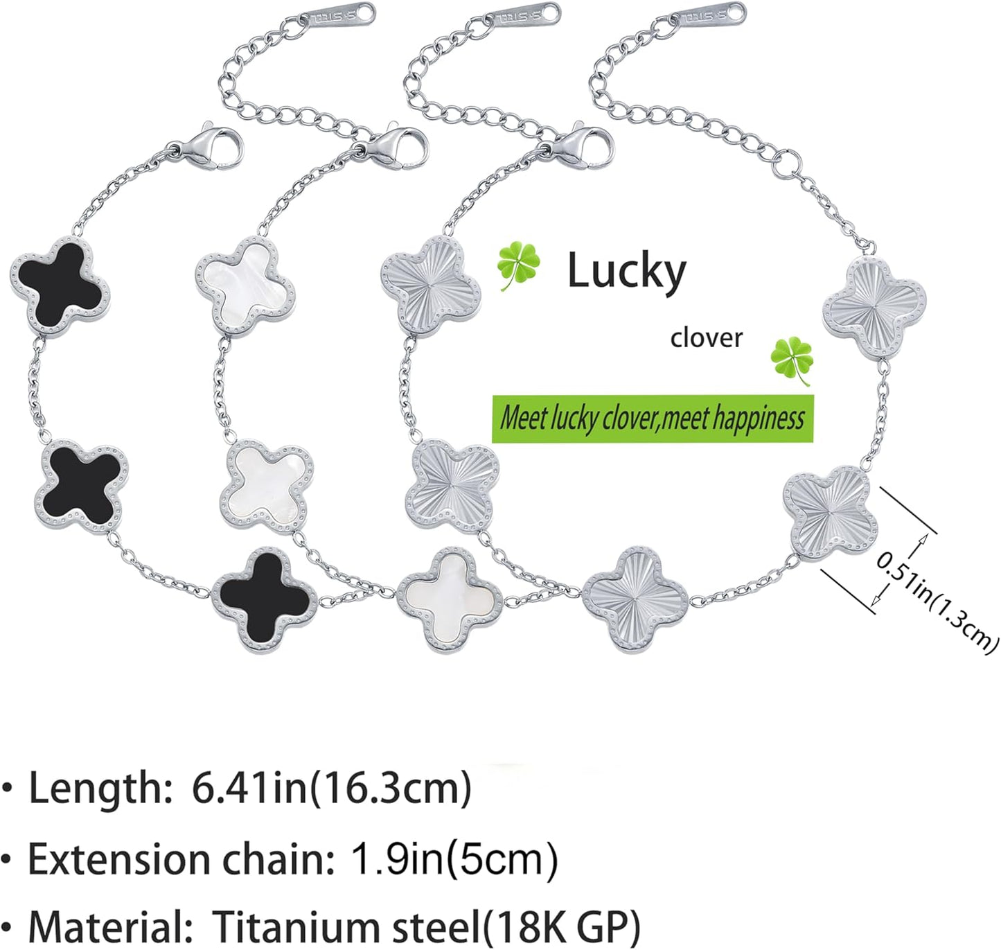 Silver Chain Bracelet Set Gold/White/Black Clover Bracelets for Women Four Leaf Lucky Bracelets Jewelry Gifts for Women 3Pcs