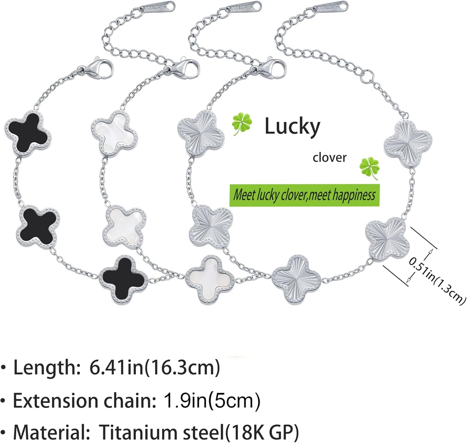 Silver Chain Bracelet Set Gold/White/Black Clover Bracelets for Women Four Leaf Lucky Bracelets Jewelry Gifts for Women 3Pcs